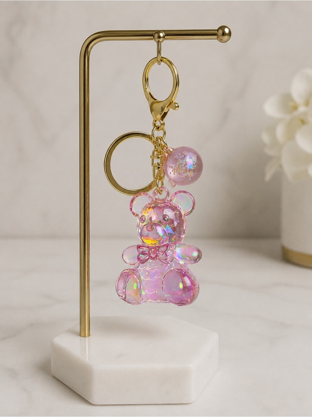 Iridescent Pink Bear Keychain with Charm